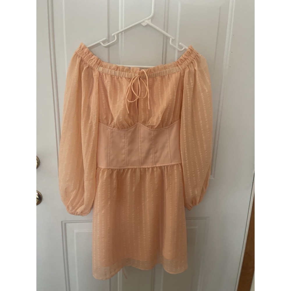 GUESS Coral Peach Corset Mini Dress XS Puff Sleeve Romantic Cottagecore - Picture 2 of 7